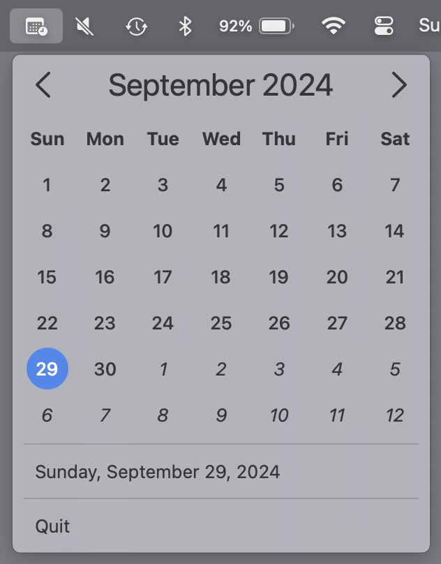 Screenshot of the MenuBarCalendar app